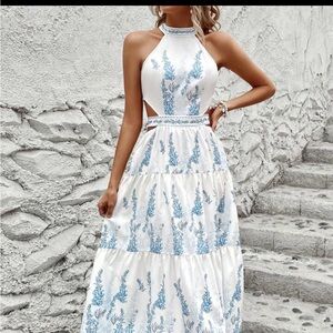 Elegant Halter Neck White and Blue Maxi Dress